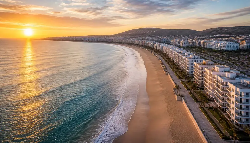 Baie d'Agadir au coucher du soleil avec ses résidences en front de mer