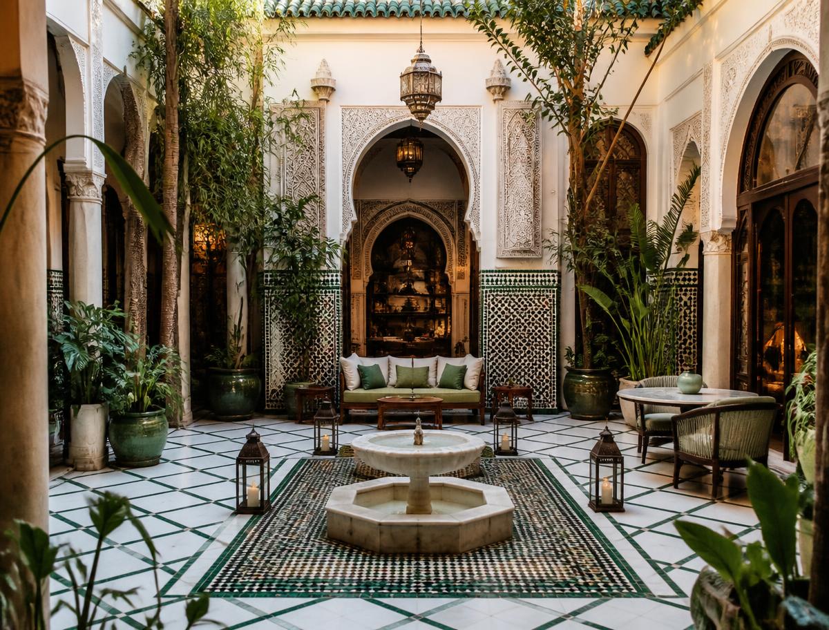 Patio de riad marrakchi avec fontaine et zelliges