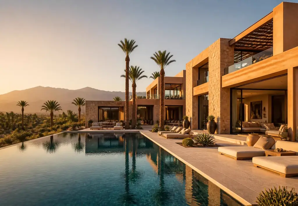 Villa contemporaine avec piscine à débordement à Marrakech au coucher du soleil
